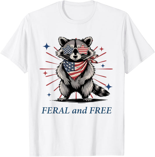 Feral And Free Raccoon, Funny Raccoon Usa Flag 4th Of July T-shirt