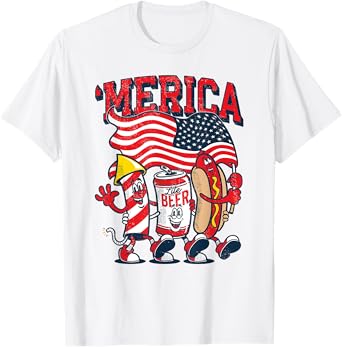 Funny Merica Hot Dogs Beer Fireworks 4th Of July T-Shirt