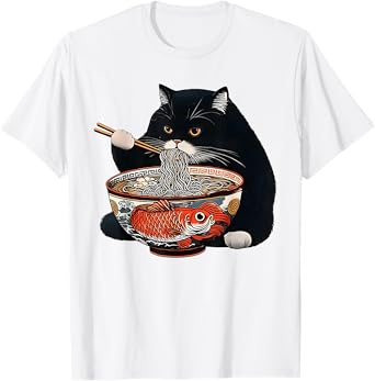 Funny Black Fat Cat Eating Ramen T-Shirt