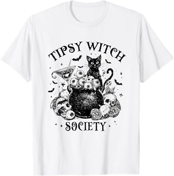 Tipsy Witch Society Funny Halloween Drinking Witch Cat T-Shirt