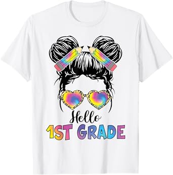 Hello 1st Grade Messy Hair Bun Girl Back To School 1st Grade T-Shirt