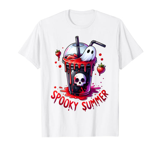 Spooky Summer Skeleton Strawberry Iced Coffee Cup Halloween T-Shirt