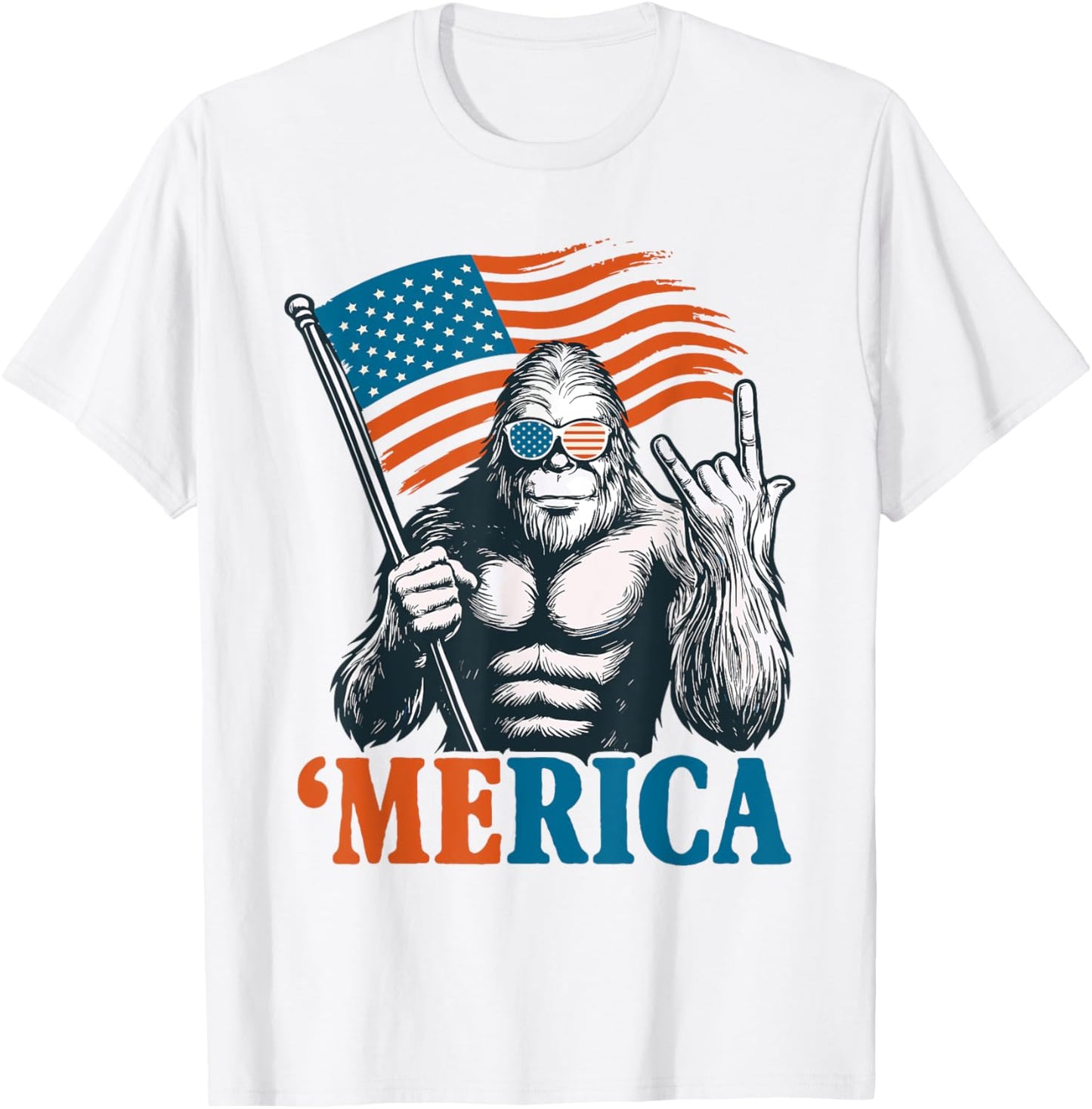 Bigfoot Merica Rock American Flag Patriotic 4th Of July T-shirt