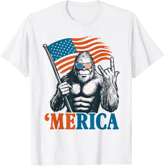 Bigfoot Merica Rock American Flag Patriotic 4th Of July T-shirt