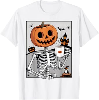 Skeleton Pumpkin Drinking Coffee Men Women Halloween Costume T-Shirt