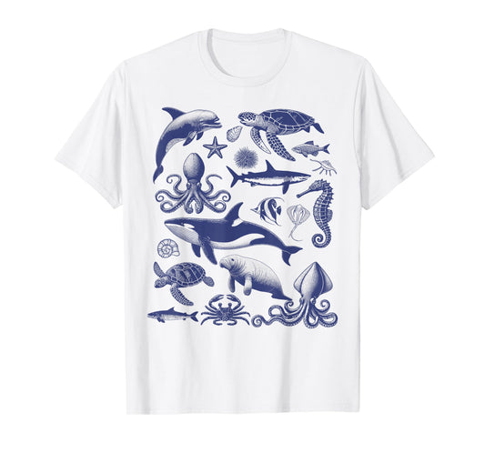 Ocean Wildlife Vintage Shark Turtle Octopus Graphic T-Shirt