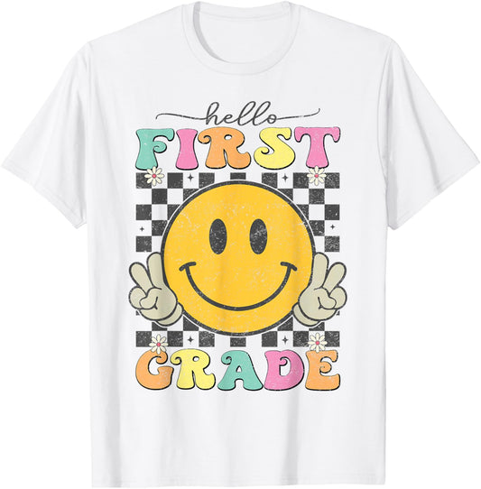 1st Grade Team Back To School Hello First Grade Smile Face Kids T-shirt by TeeBrew