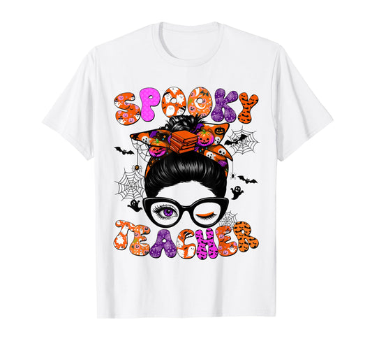 Spooky Teacher Messy Bun Coquette Halloween Costumes Women T-Shirt