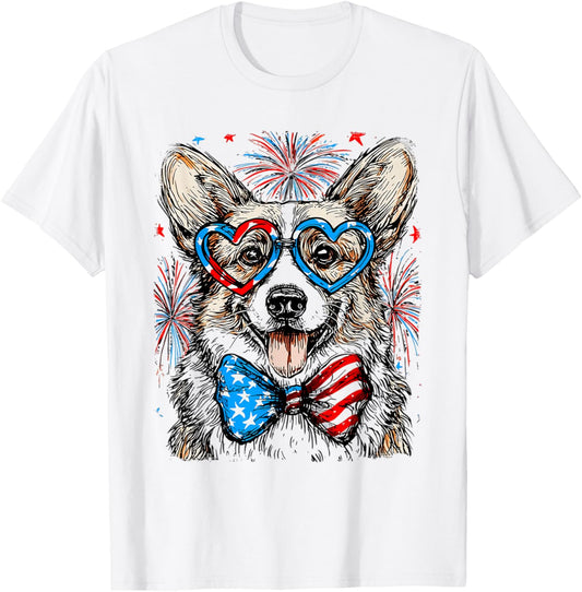 Corgi Dog Wearing Bow American Flag 4th Of July T-shirt