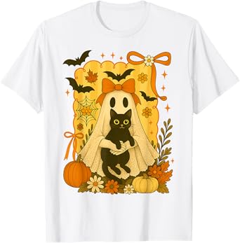 HUGvyn Halloween: Coquette Lace Ghost Holding Black Cat Fall Men Women Kids T-Shirt