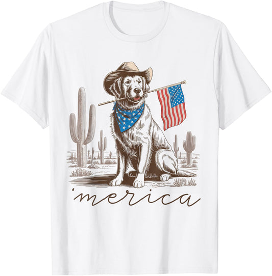 Golden Retriever 4th Of July Cowboy Independence Us Flag T-shirt