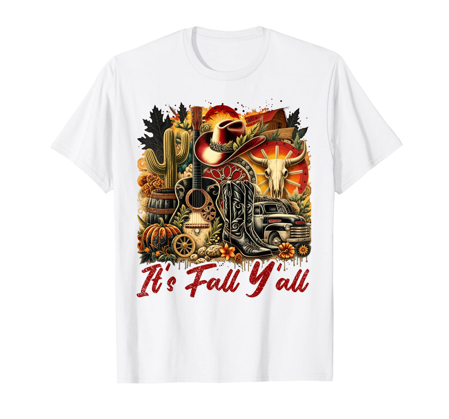 Its Fall Yall Cowgirl Boots Guitar Pumpkin Autumn Harvest T-Shirt