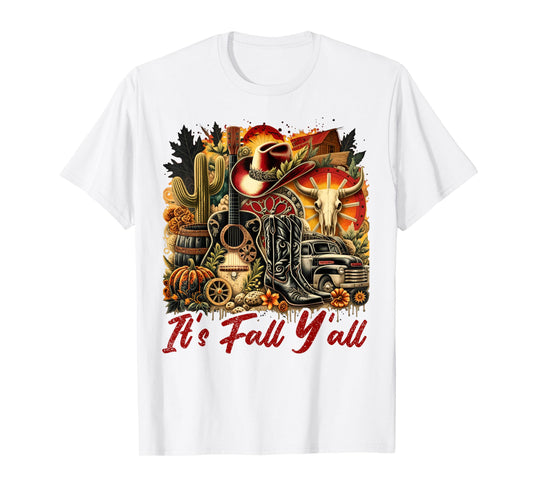 Its Fall Yall Cowgirl Boots Guitar Pumpkin Autumn Harvest T-Shirt