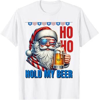 Funny Santa Claus Christmas July 4th Patriotic Hold My Beer Women Men T-Shirt