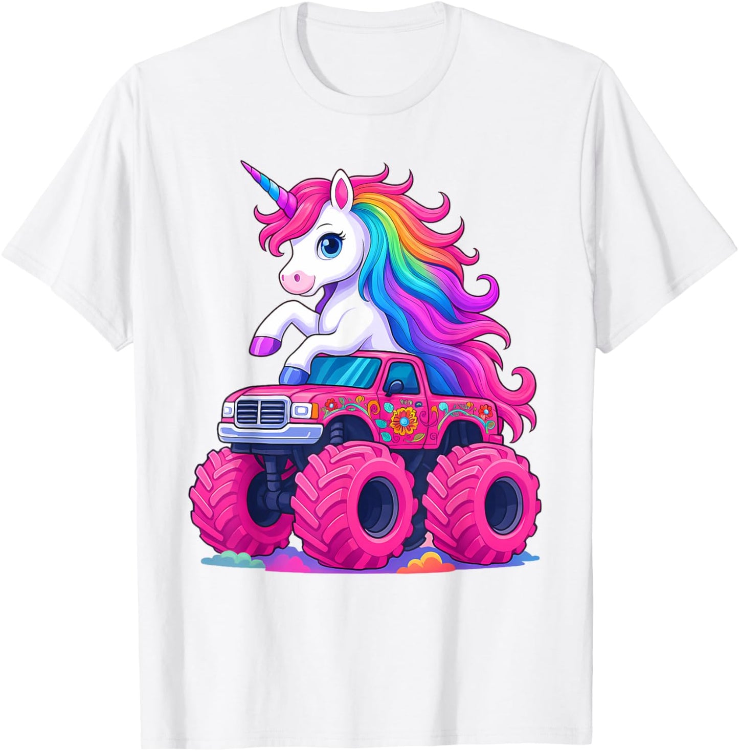 Cute Unicorn Riding A Pink Monster Truck Lover Birthday Kids T-Shirt