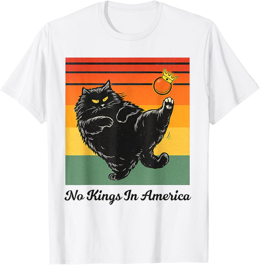 No Kings In America Black Cat Funny Cat Kicking Crown Retro T-Shirt