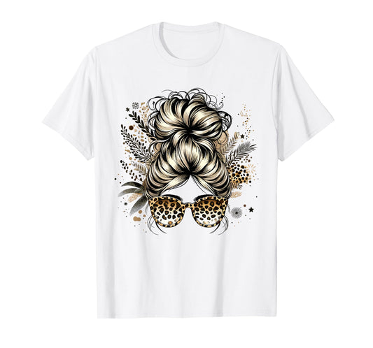 Leopard Messy Bun Hair Funny Mom Life Leopard Bandana T-Shirt