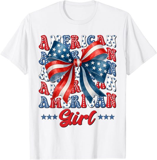 4th Of July American Girl Coquette USA Flag Patriotic Kids T-Shirt