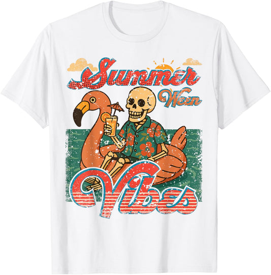 Summerween Vibes Skeleton Flamingo Float Summer Halloween T-Shirt