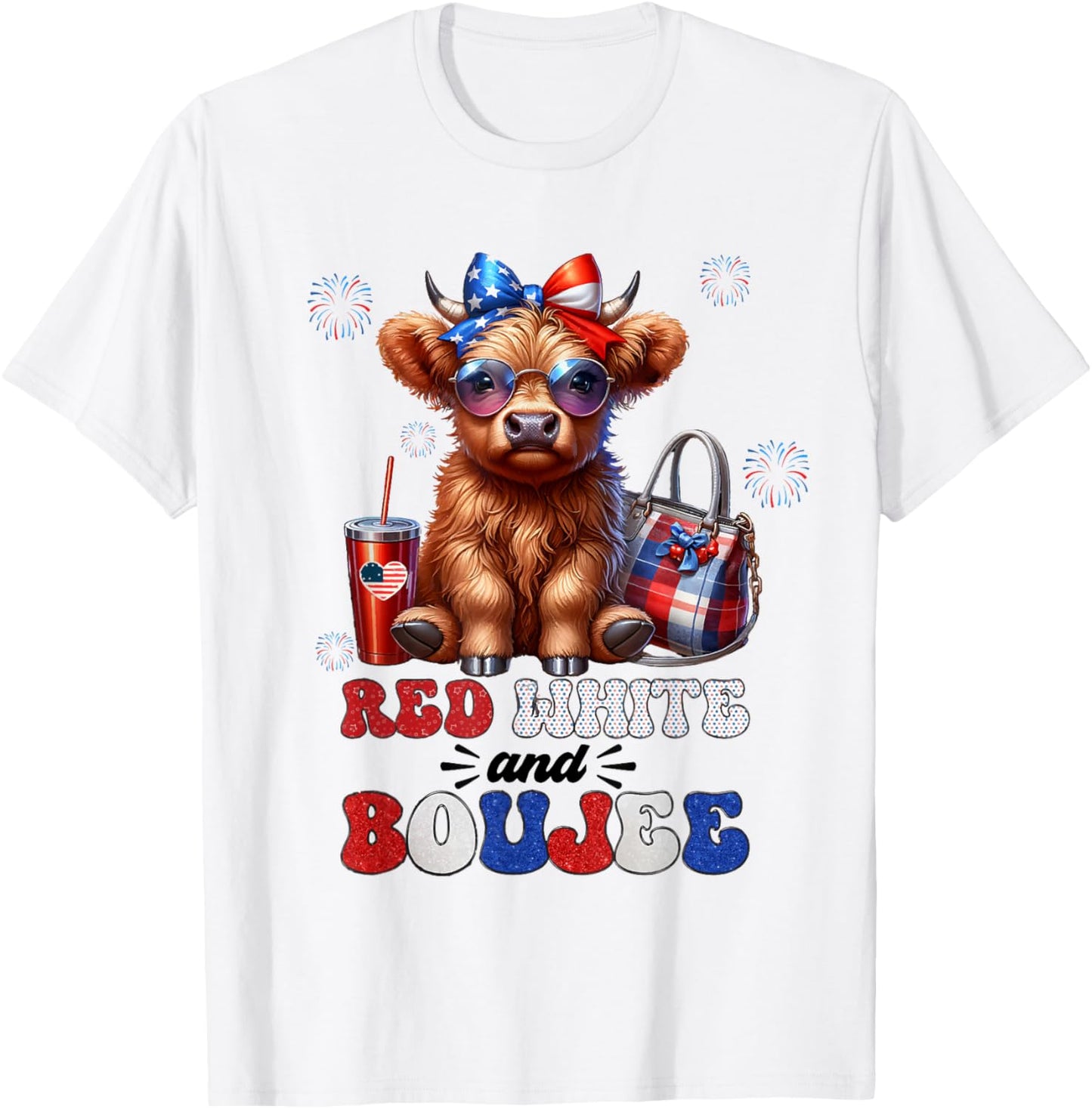 Cute Red White And Boujee Highland Cow 4th Of July Patriotic T-Shirt