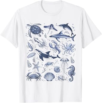 Retro Ocean Animal Wildlife Shark Fish Octopus Turtle Sea T-Shirt