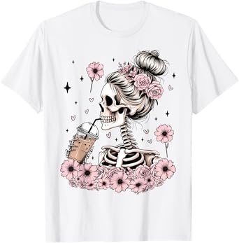 Skeleton Messy Bun Funny Costume Mom Women Halloween T-Shirt
