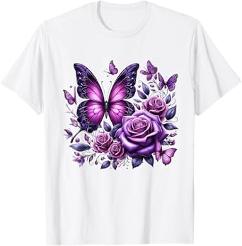 Beautiful Butterfly Purple Rose Butterfly Lovers Gifts Women T-Shirt