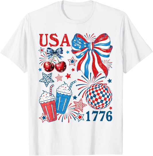 Womens 4th Of July Coquette Bow Ribbon Red White And Blue T-shirt