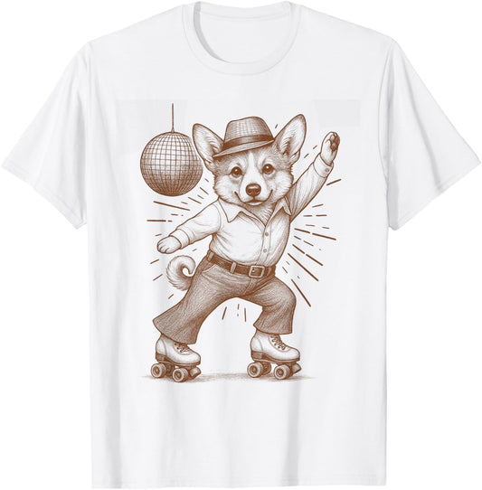 Corgi Dog Lover Disco 70s Corgi Roller Skate Disco Ball T-Shirt