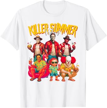 Killer Summer Vibes Beach Vacation Funny Horror Characters T-Shirt