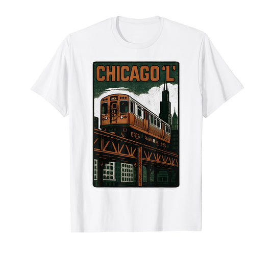 Chicago L Train Retro City Transit Urban Skyline Artwork T-Shirt