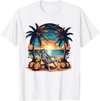 Funny Summerween Skeleton Beach Party Halloween Vibes T-Shirt