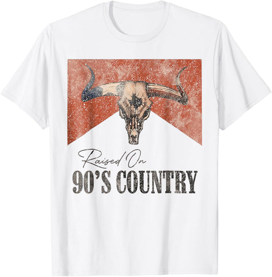 Vintage Western Bull Skull Raised On 90's Country Music T-Shirt