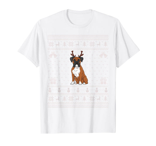 Ugly Xmas Sweater Style Boxer Dog Reindeer Christmas T-Shirt for Men Women Kids