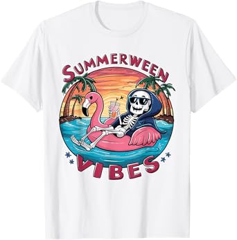 Summerween Vibes Halloween Summer Fun Flamingo Skeleton T-Shirt