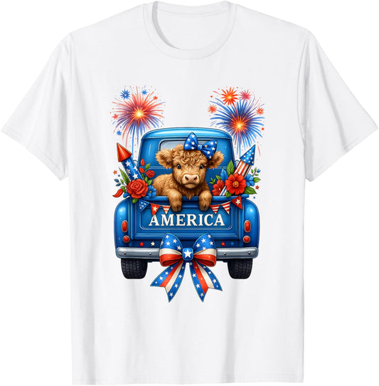 4th Of July Highland Cow Patriotic Truck Fireworks Usa Flag T-shirt