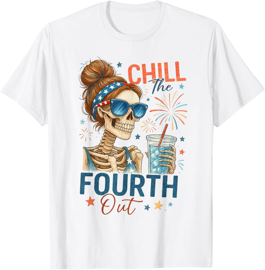Funny Us Flag 4th Of July Skeleton Cute Chill The Fourth Out T-shirt