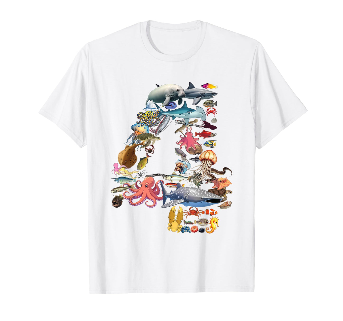 4 Years Old 4th Birthday Sea Ocean Animals Figures Number 4 T-Shirt
