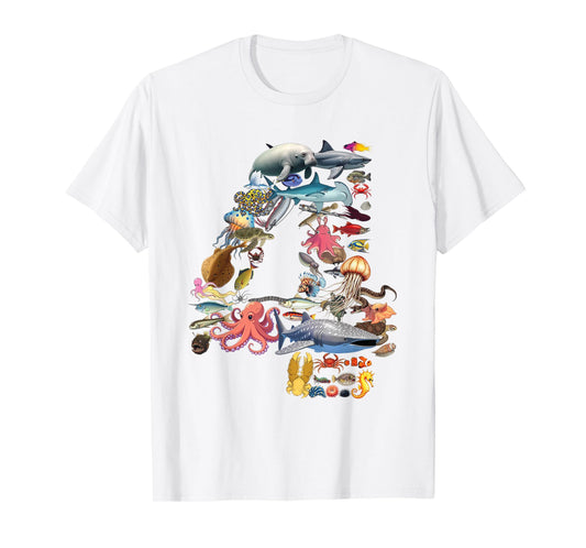 4 Years Old 4th Birthday Sea Ocean Animals Figures Number 4 T-Shirt
