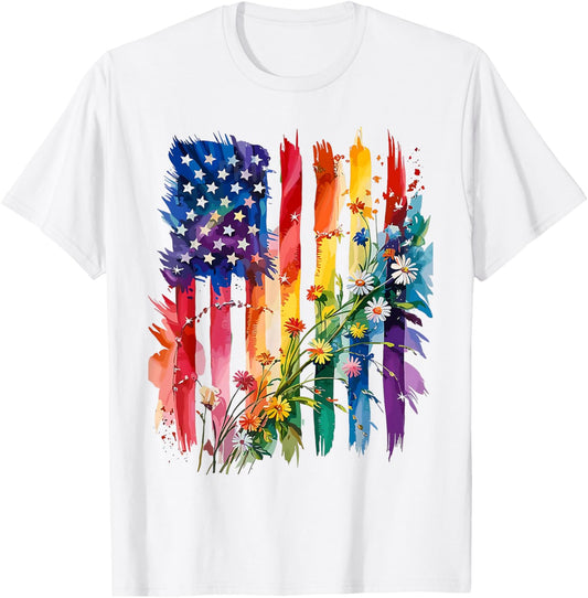 Subtle Wildflowers LGBTQ Pride Month Floral US American Flag T-Shirt