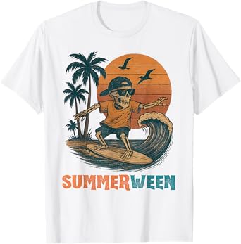 Summerween Skeleton Surf Summer Halloween Funny Summerween T-Shirt