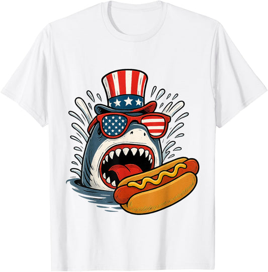 Funny 4th of July Shark Hotdog Patriotic America Flag Kids T-Shirt