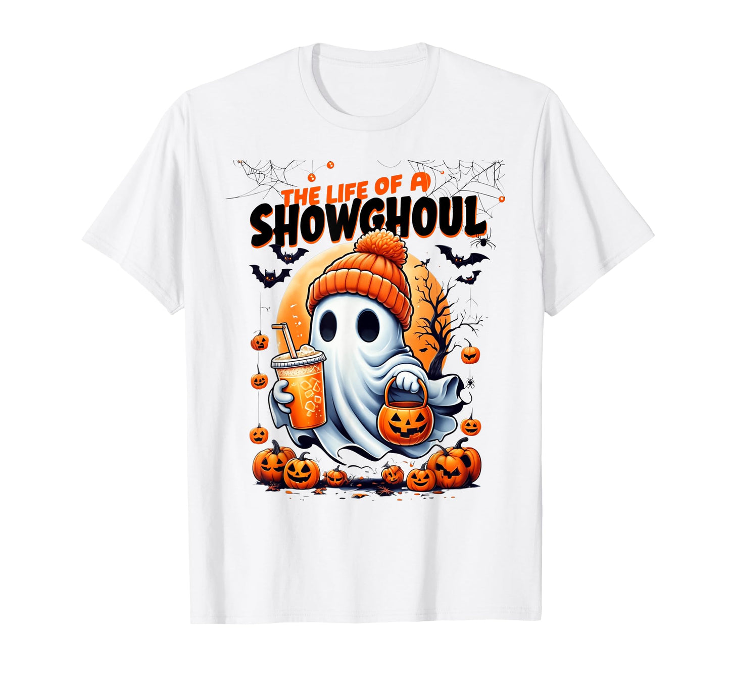 Showghoul Halloween Spirit with Pumpkins and Drink Design T-Shirt