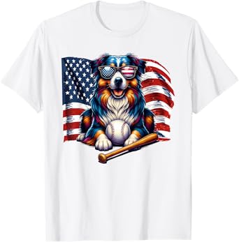 Australian Shepherd Baseball USA Flag Sunglasses Patriotic T-Shirt