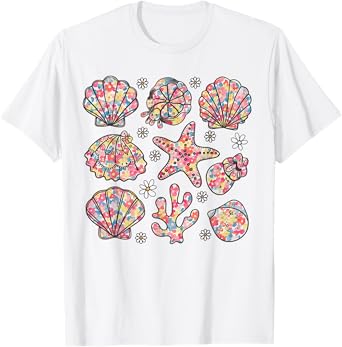 Cute Floral Coquette Clam Summer Seashell Starfish Coral T-Shirt