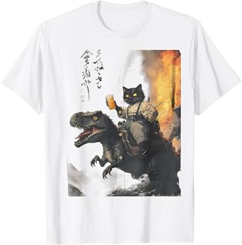 black cat samurai dinosaur sea wave print T-Shirt