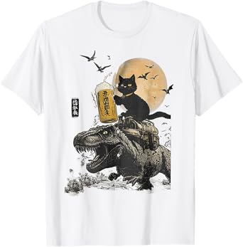 cat loves beer black dinosaur art print T-Shirt