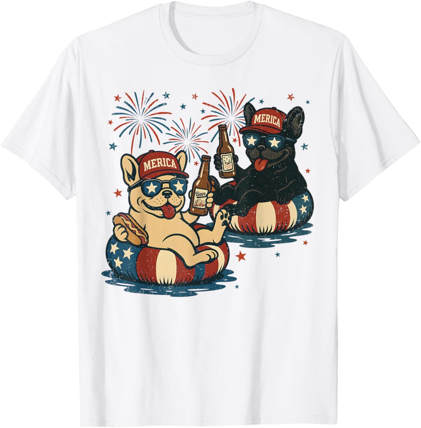 Retro Dogs With Beer, French Bulldog Adult 4th Of July T-shirt