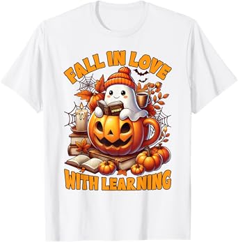 Fall In Love With Learning Cute Ghost Pumpkin Kids Teachers T-Shirt