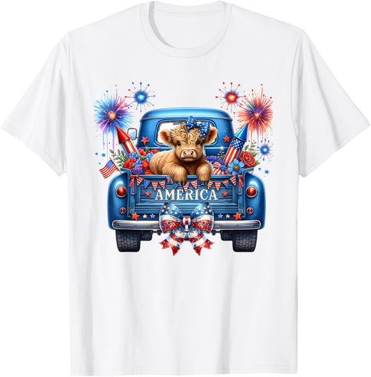 Cute Highland Cow 4th of July USA Flag Patriotic Cow Farmer T-Shirt